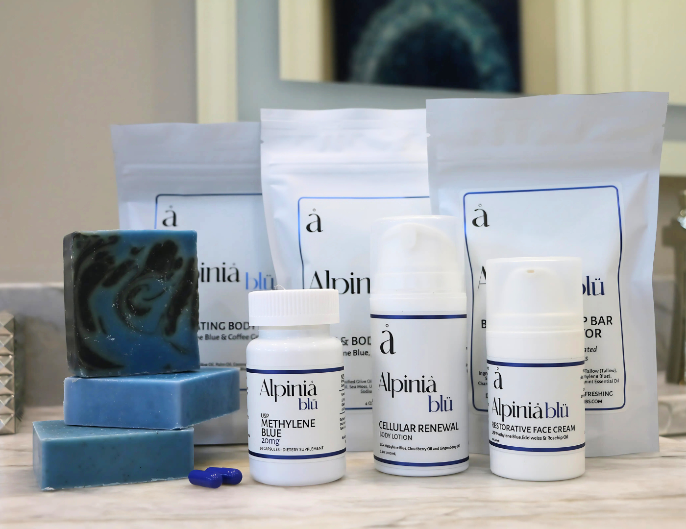 Methylene Blue Capsules and Skincare Products by Alpinia Labs, featuring premium-quality supplements and skincare essentials designed to support cellular health and vitality.