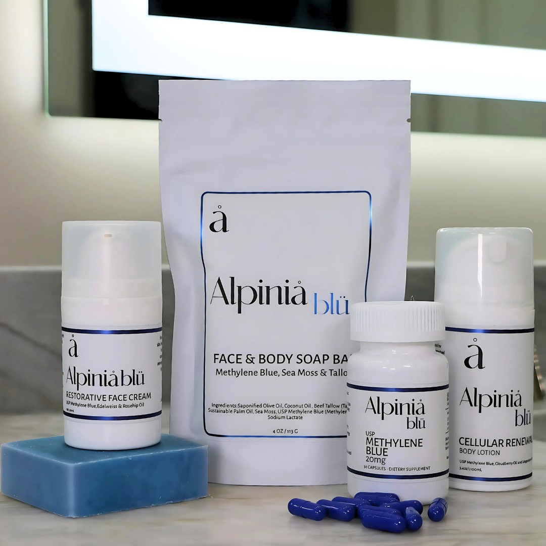 Methylene Blue Capsules and Skincare Products by Alpinia Labs, featuring premium-quality supplements and skincare essentials designed to support cellular health and vitality.